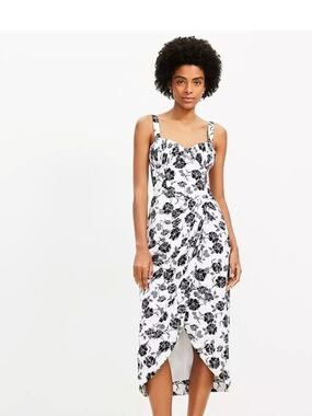 LOFT Black & White Floral Sweetheart Midi Dress